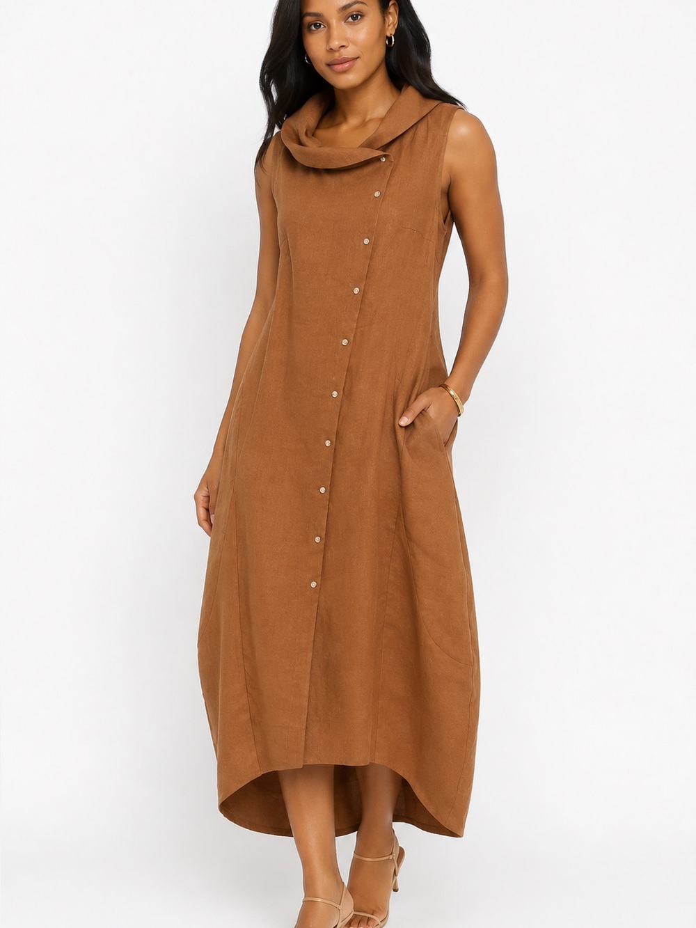 MISSLOOK Women Sheer Sleeveless Cowl-Neck Midi Dress in Brown Size XL